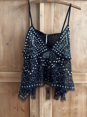 Free People Black Sequin & Bead Embellished Sheer Cami